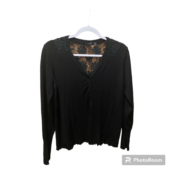 Black button front Sweater with lace trim detail. - Picture 1 of 5